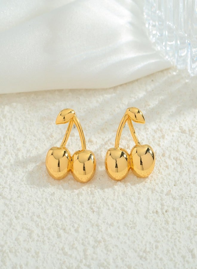 FAUTHENTICUTE Gold Cherry Stud Earrings For Women 14K Gold Plated Flat Back Earrings Cute Fruit Statement Earrings For Everyday - Image 5